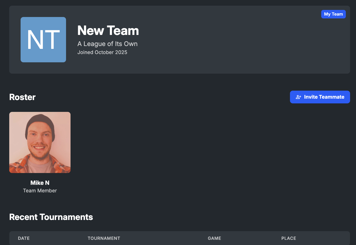 A team page after being created