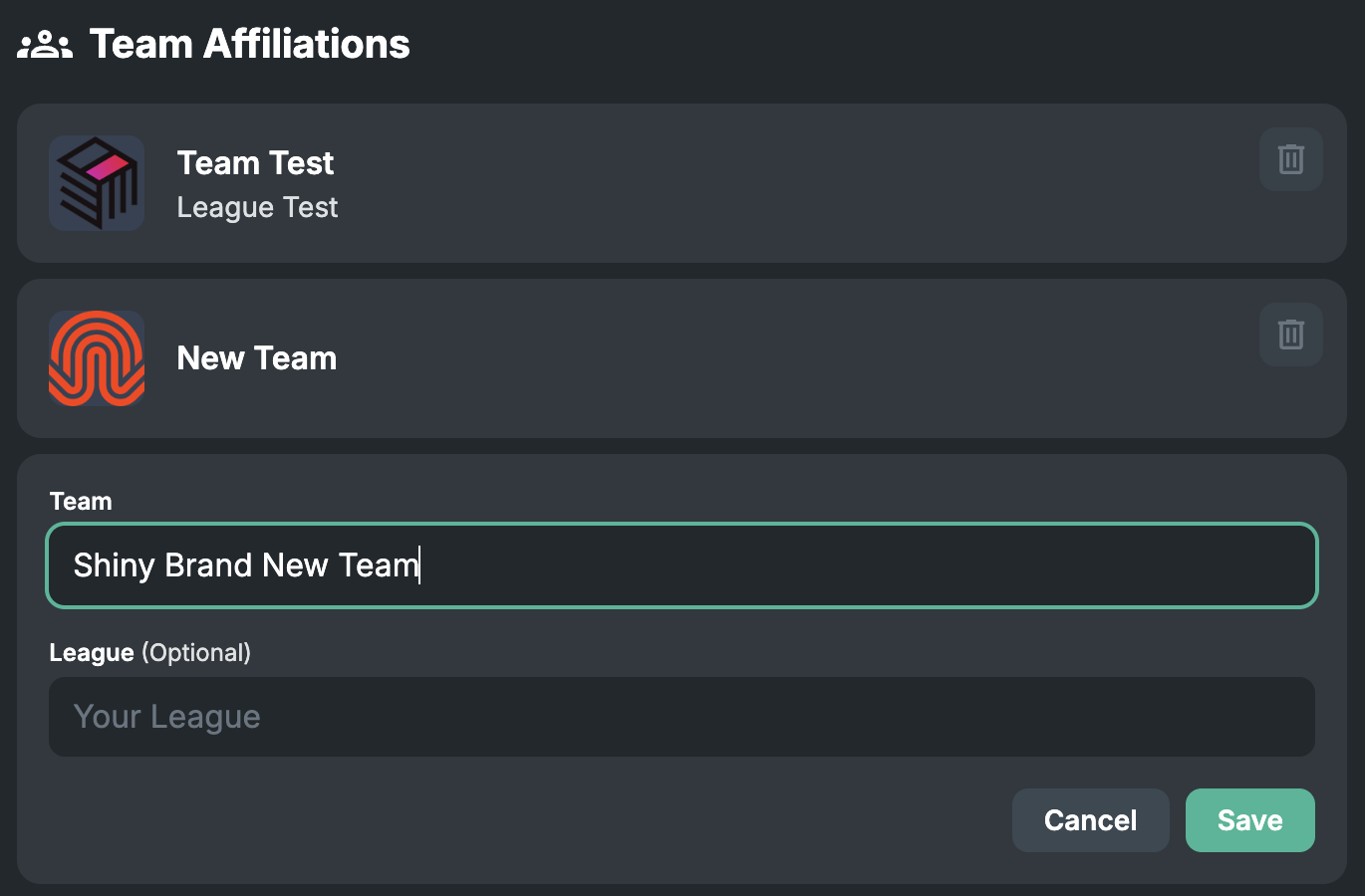 Adding a new Team Affiliation
