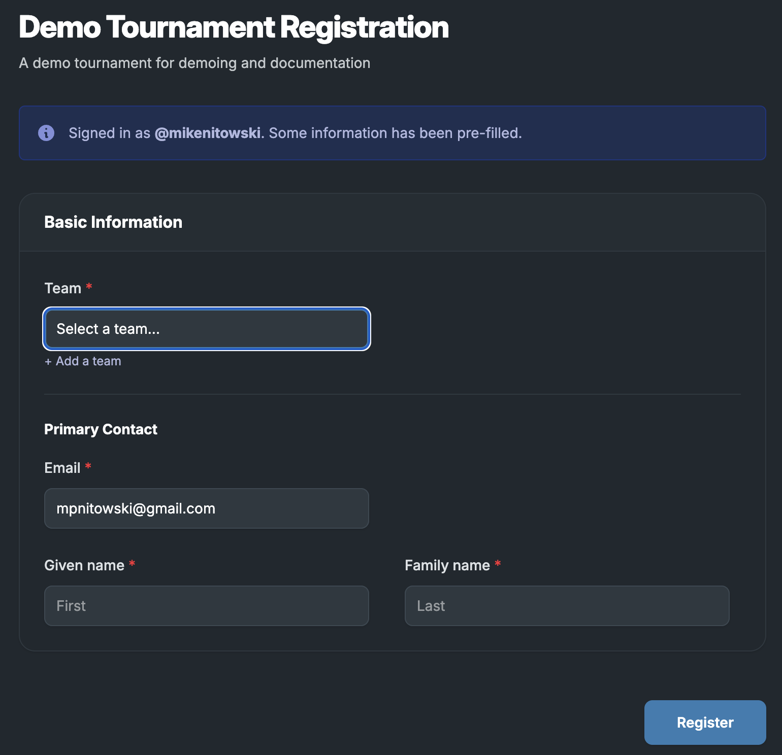 Registering for a team event