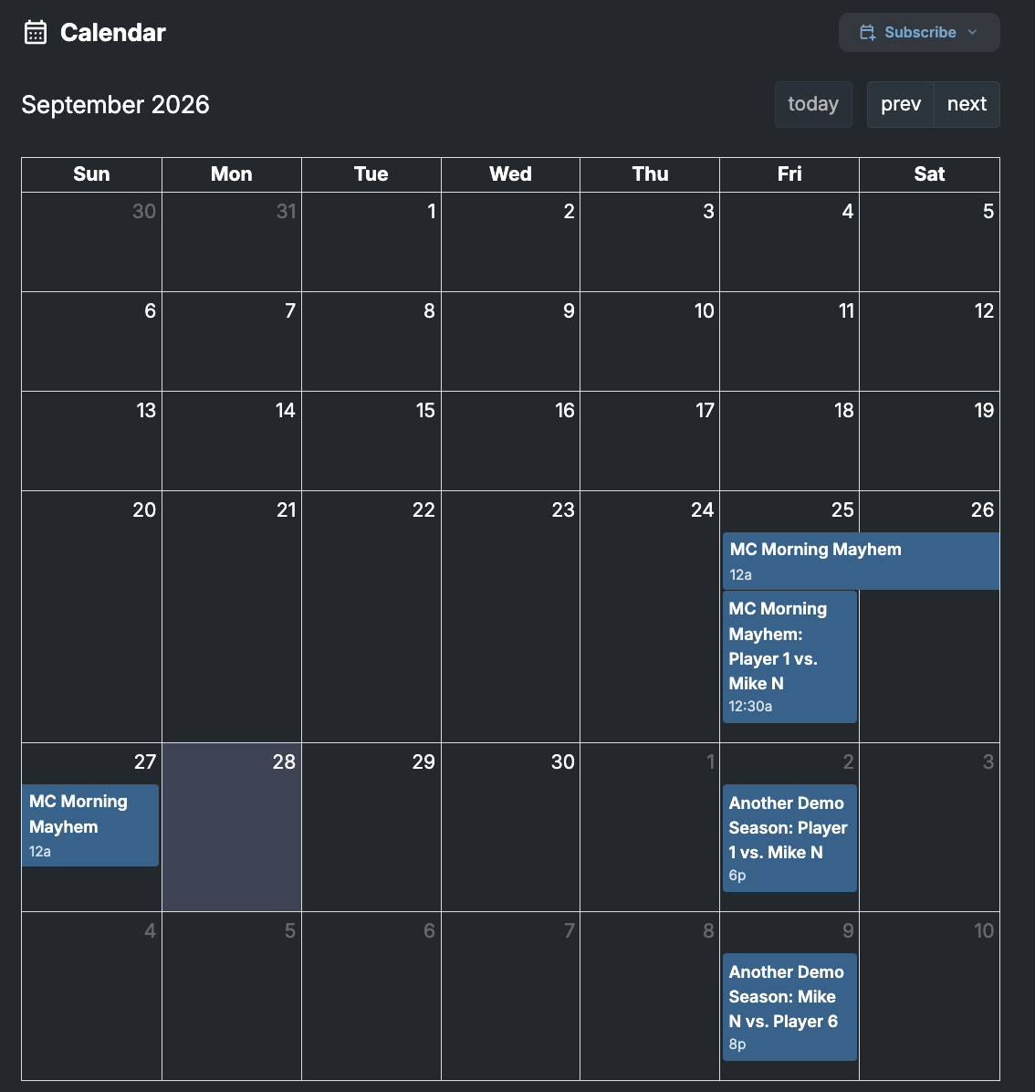 Full player schedule calendar view