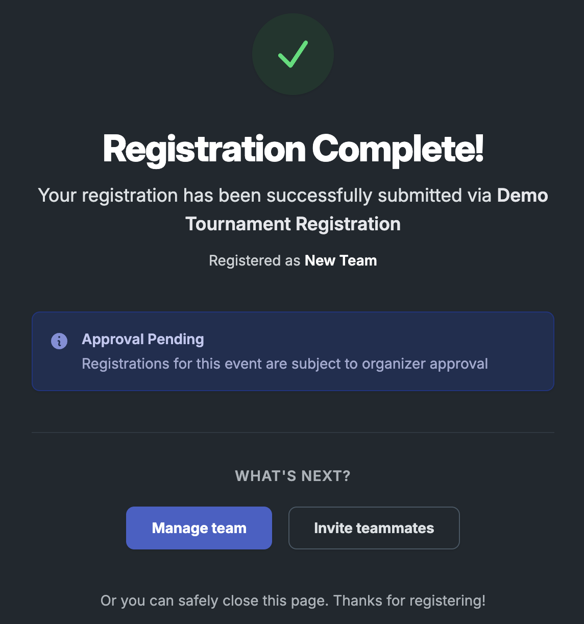 A typical registration confirmation page